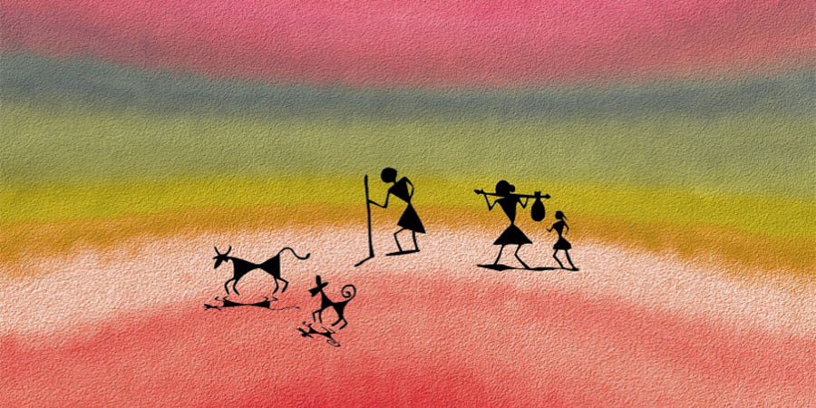Black tribal figures of three people and two animals, on a pink, red, green and blue background.