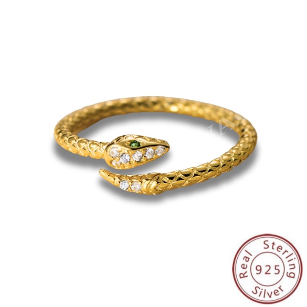 Gold snake-shaped ring with embedded stones on a white background, featuring a 'Real Sterling Silver' stamp.