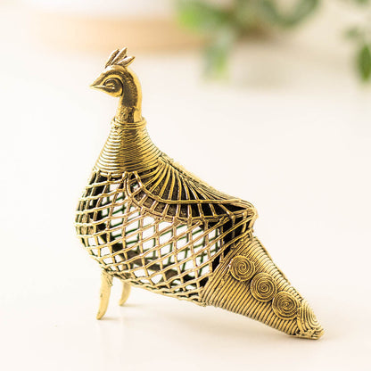 Golden Peacock Brass Figure in Dhokra Art