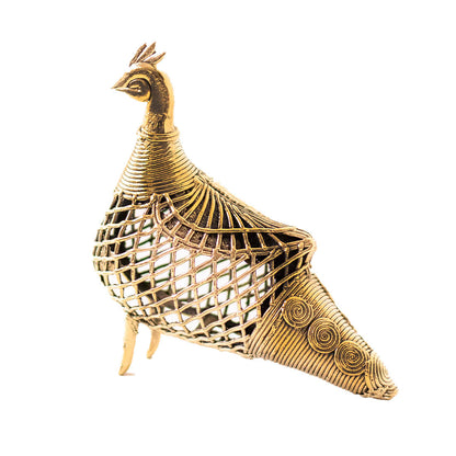 Handmade Golden Peacock Brass Figure in Dhokra Art